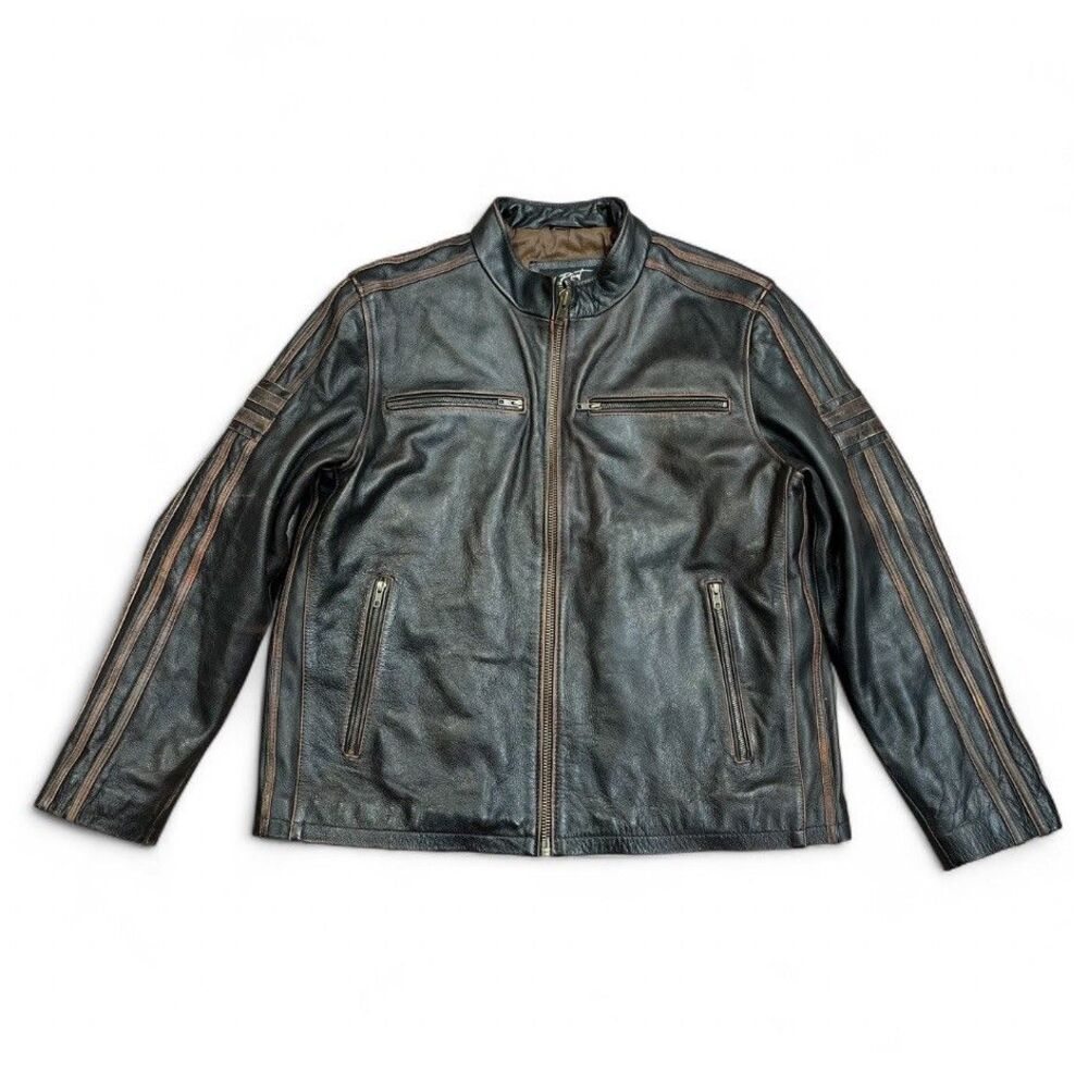 Black Rivet Genuine Leather Cafe Racer Motorcycle Jacket Brown Trim XXL